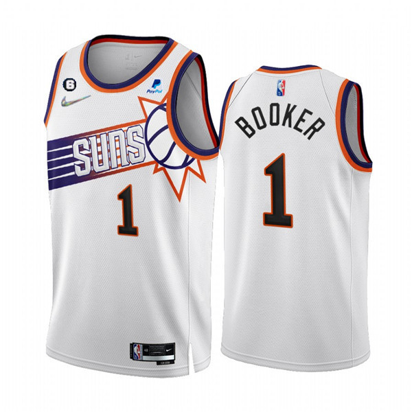 Men's Phoenix Suns #1 Devin Booker 2022/23 White 75th Anniversary NO.6 Patch Association Edition Stitched Jersey